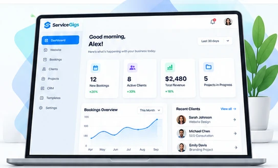 Preview of the ServiceGigs business dashboard with booking cards, clients, projects and statistics